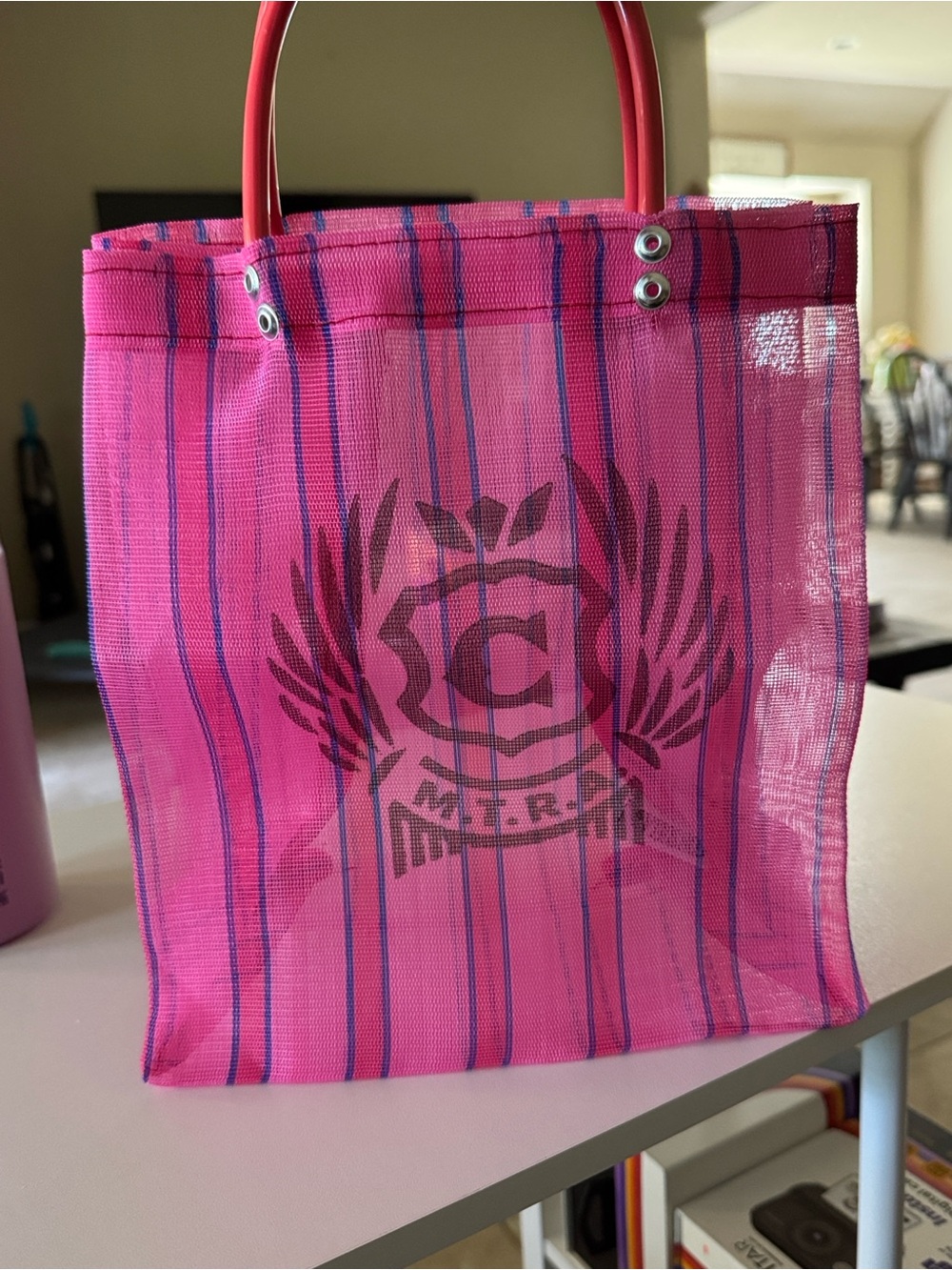 New Consuela Mesh Pink Striped Tote Bag with Crest Graphic Sm 8.5 x 10” approx.